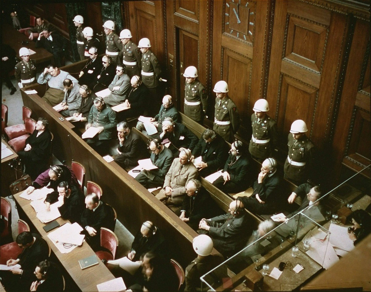 Nazi prominent members in the dock at Nuremberg Trials