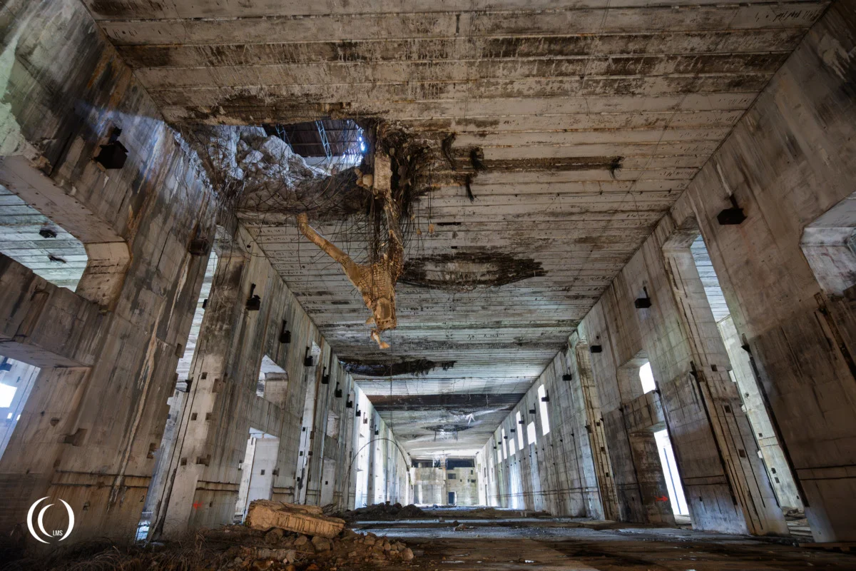 Bomb damage inside U-boat bunker Valentin Bremen-Farge, Germany