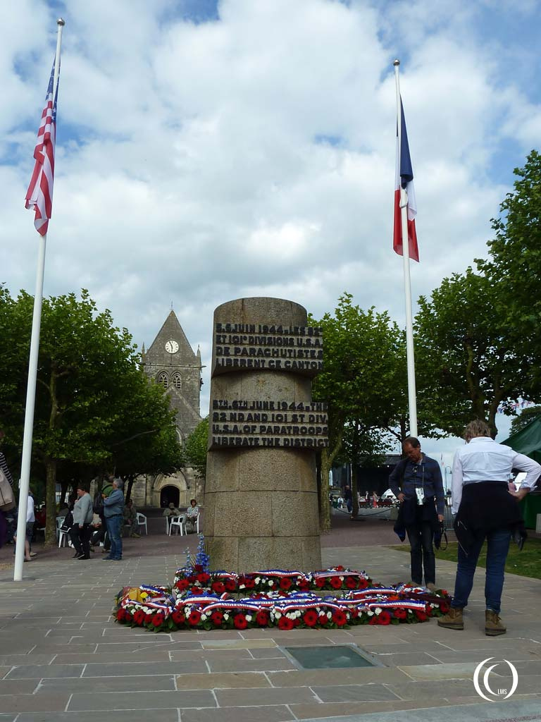 Monument in front of the church commemorating the liberation by 28nd and 101st Airborne Divisions - Sainte-Mère-Église, Normandy, France