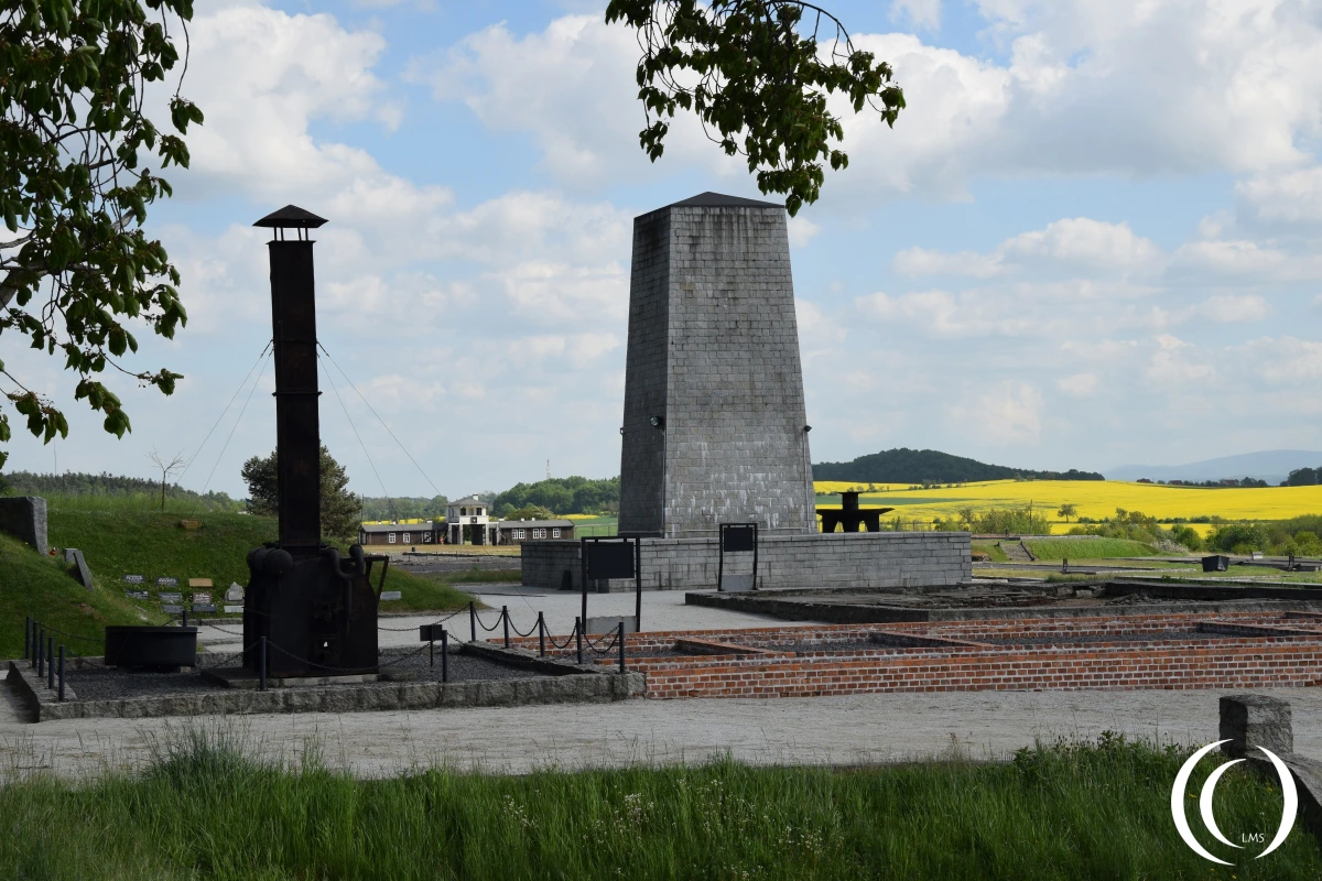 The mobile crematorium with execution place, foundations of the crematoria, gas chamber and memorial tower at Gross-Rosen