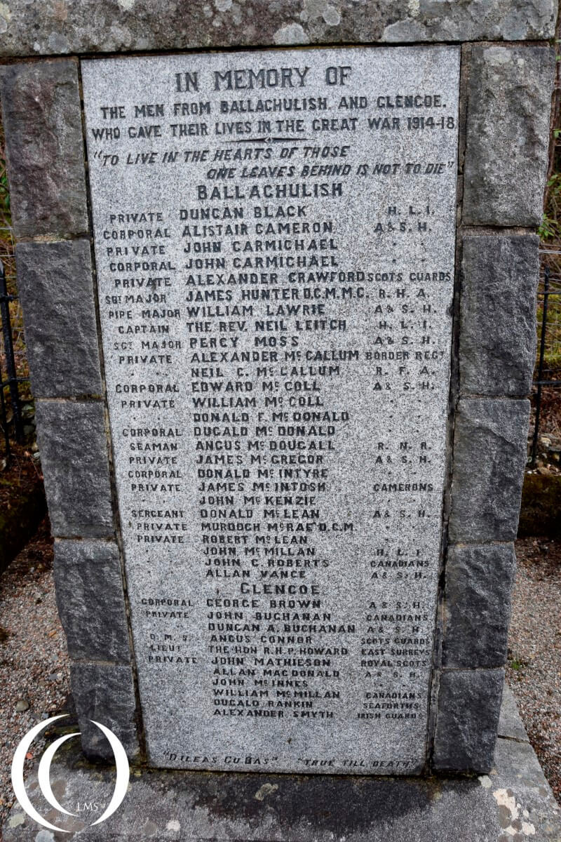 Names of the fallen soldiers from Ballachulish & Glencoe on the Memorial