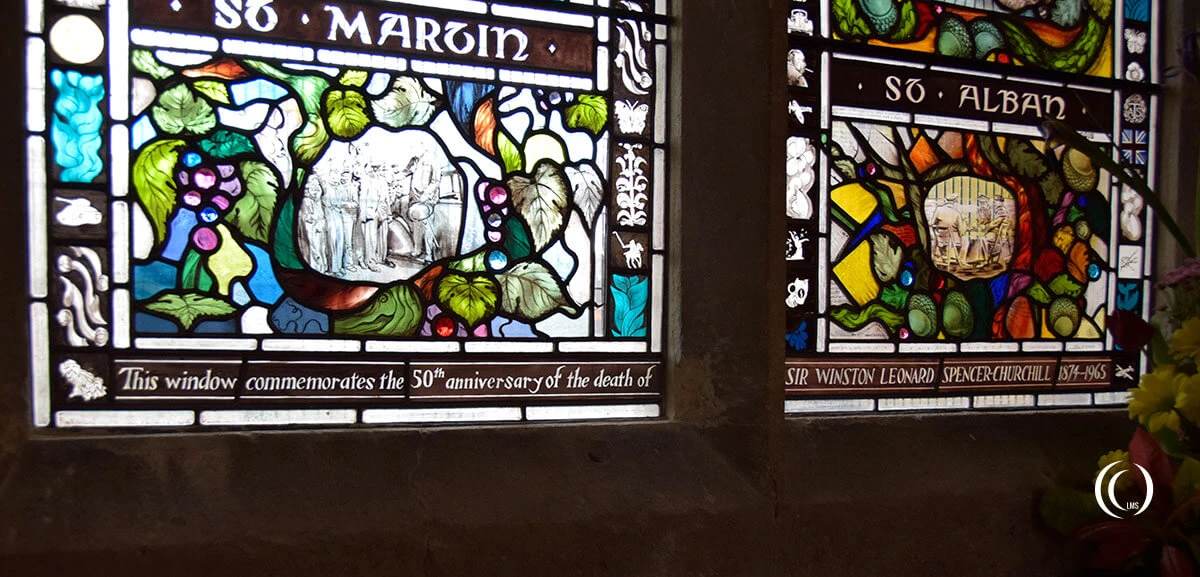 Detail of the Churchill window at the Parish Church of St Martins Bladon England