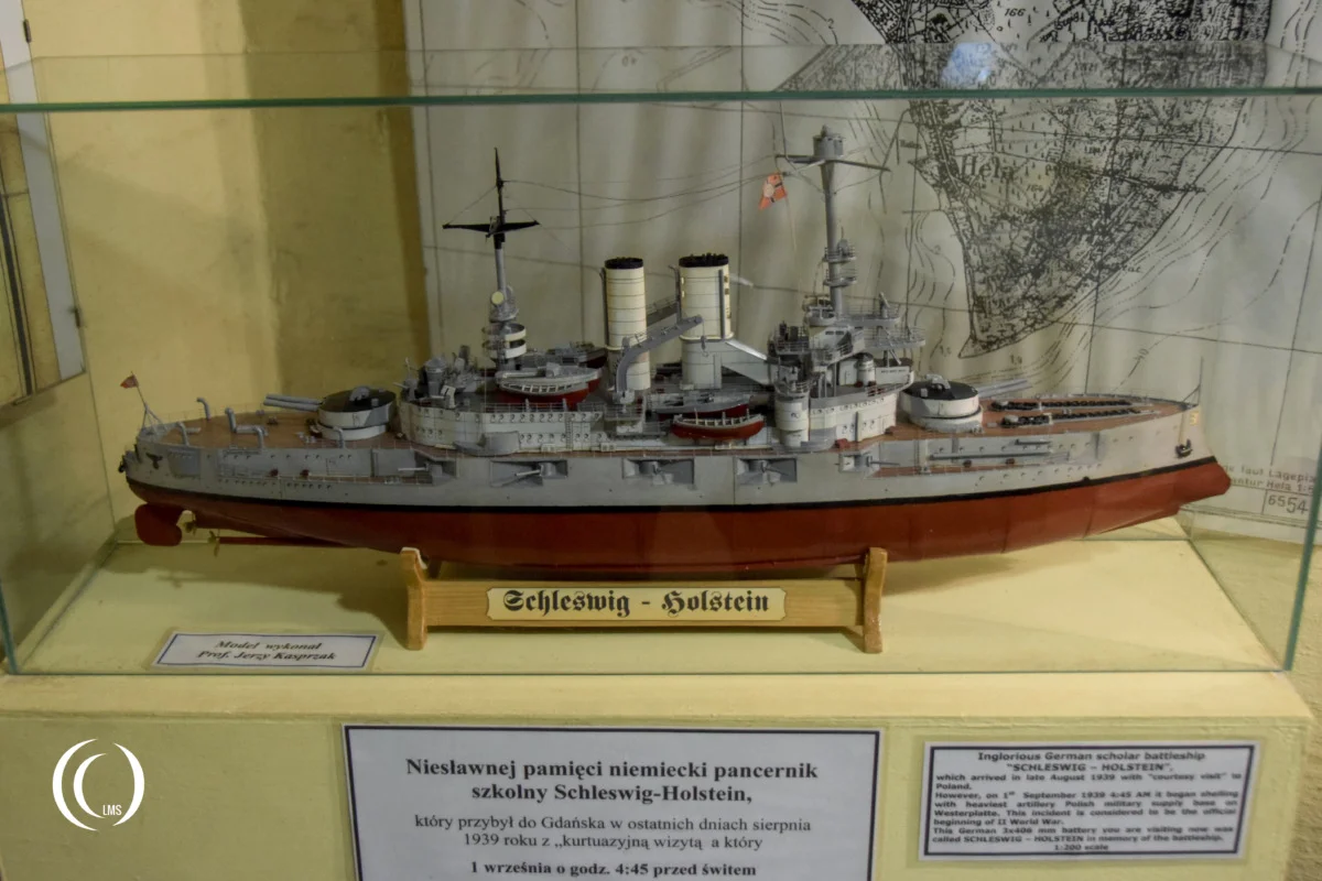 Model of the German battleship Schleswig-Holstein in museum Obrony Wybrzeża - Hel, Poland