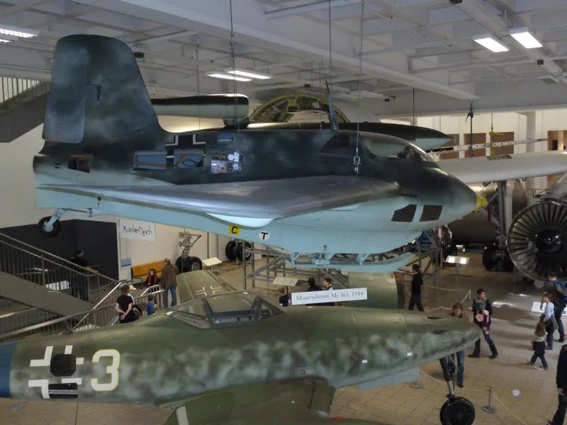 The Messerschmitt Me 163 hanging above the Messerschmitt Me 262 fighter jet in Deutsches Museum Munich