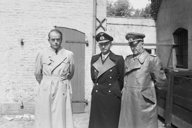 Albert Speer, Karl Dönitz and Alfred Jodl in Flensburg after their arrest 1945