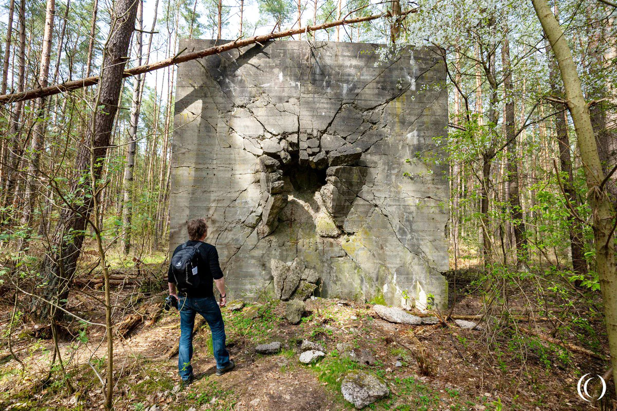 Patrick inspects the damage on the test wall - Luftwaffe proving grounds near Rechlin - Die Weisser Häuser, The White Houses