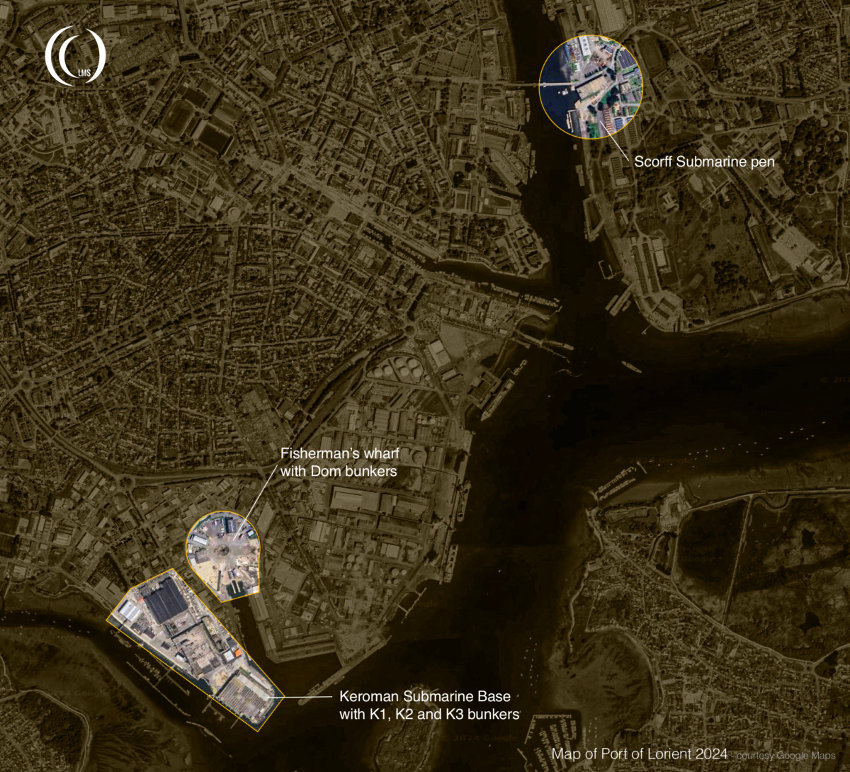 Map of Lorient port with German U-boat facilities of WWII