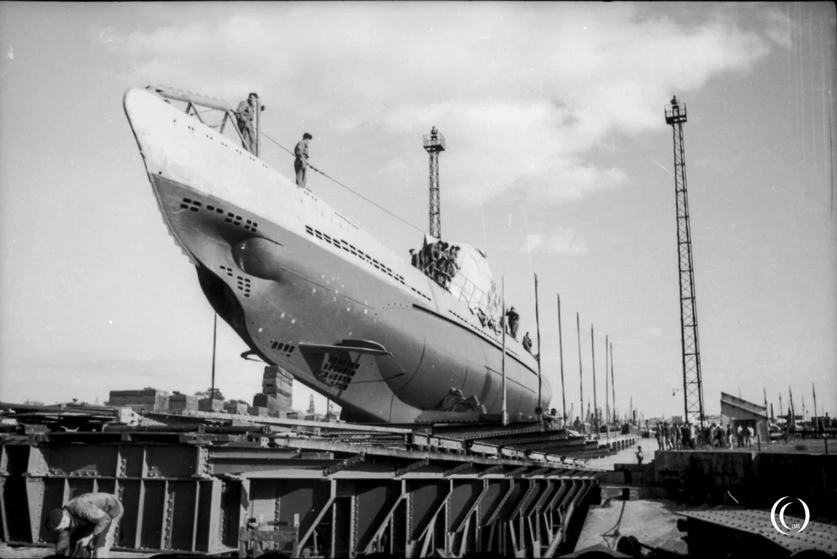 German U-boat Type II hoisted from the slipway onto the tilting bridge in Lorient between 1940 and 1942