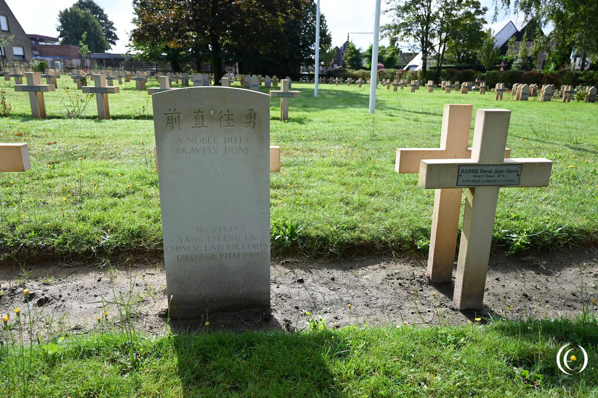 The grave of Yang Ch'eng Fa at the French WW1 War Cemetery Machelen, Belgium
