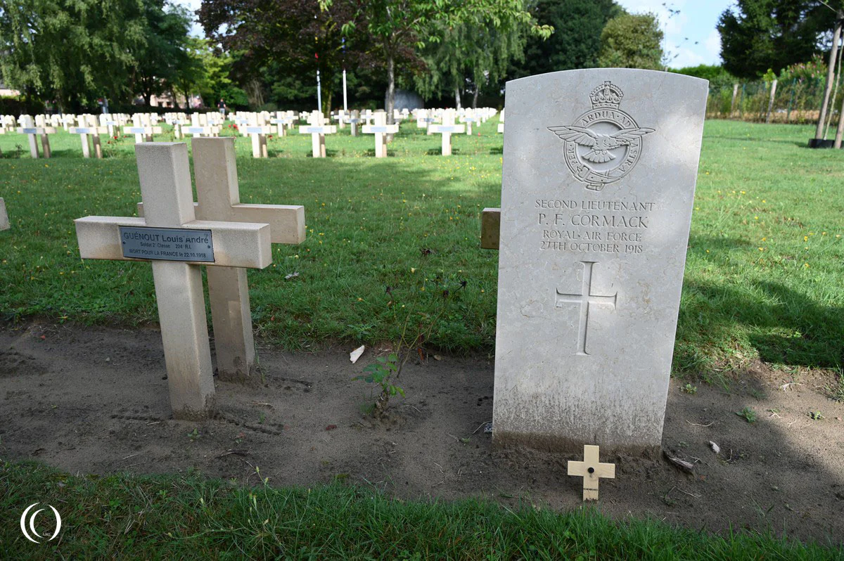 The grave of RAF pilot P.F. Cormack at the French WW1 War Cemetery Machelen, Belgium