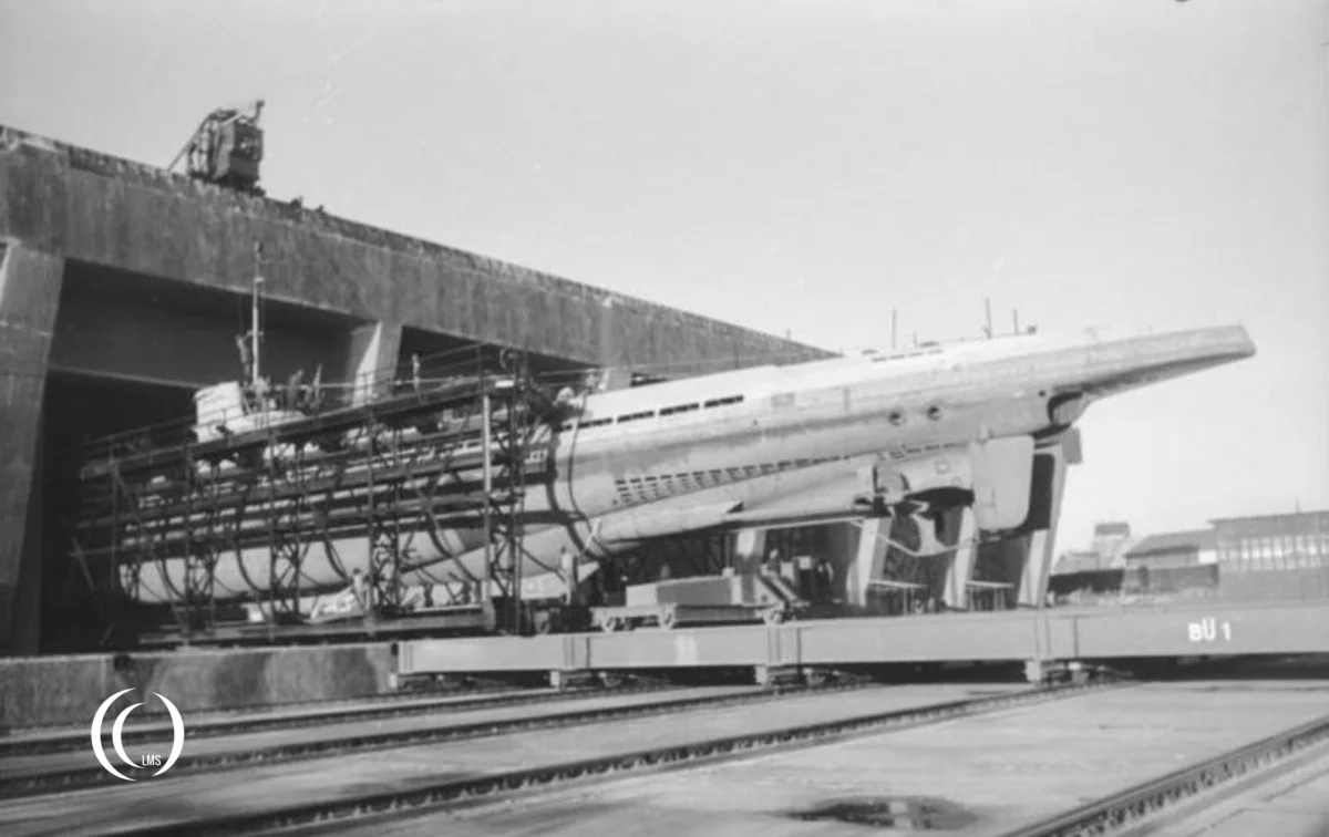German submarine U 67 being prepared to enter the dry dock