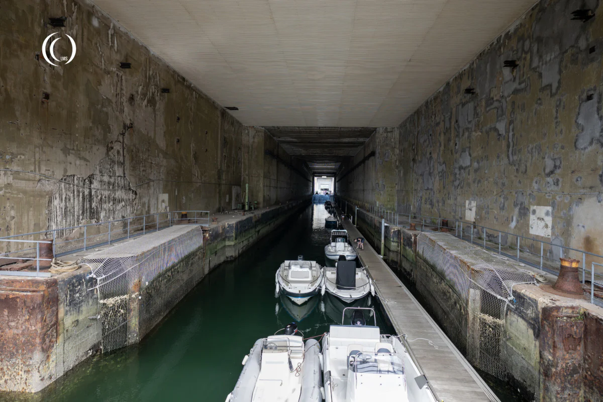 A view down the Keroman 1 u-boat bunker slipway from the harbor entrance