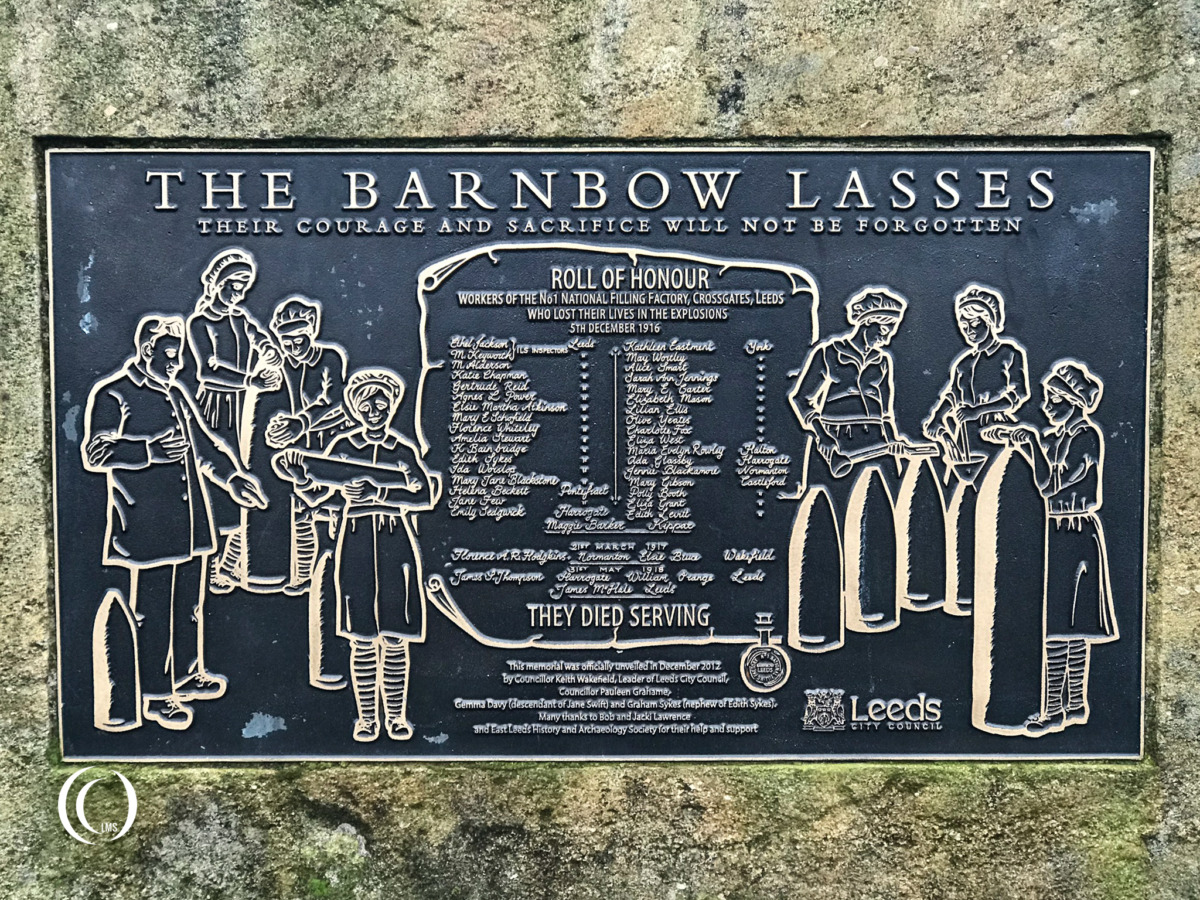 The plaque of the Barnbow Lasses Memorial at Manston Park in Leeds, United Kingdom