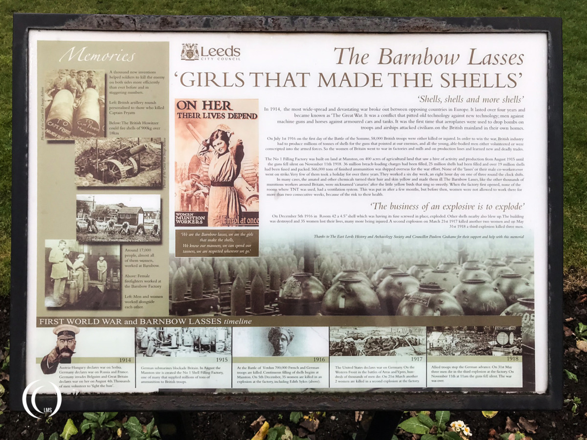 Information sign about the Barnbow Lasses Memorial at Manston Park in Leeds, United Kingdom