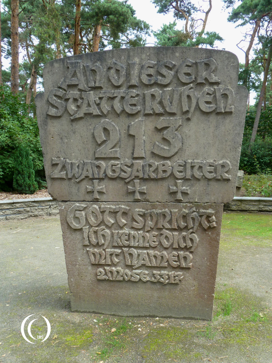 Stone marking the mass grave of 213 forced labourers at the cemetery in Karlshagen, Mecklenburg-Vorpommern, Germany