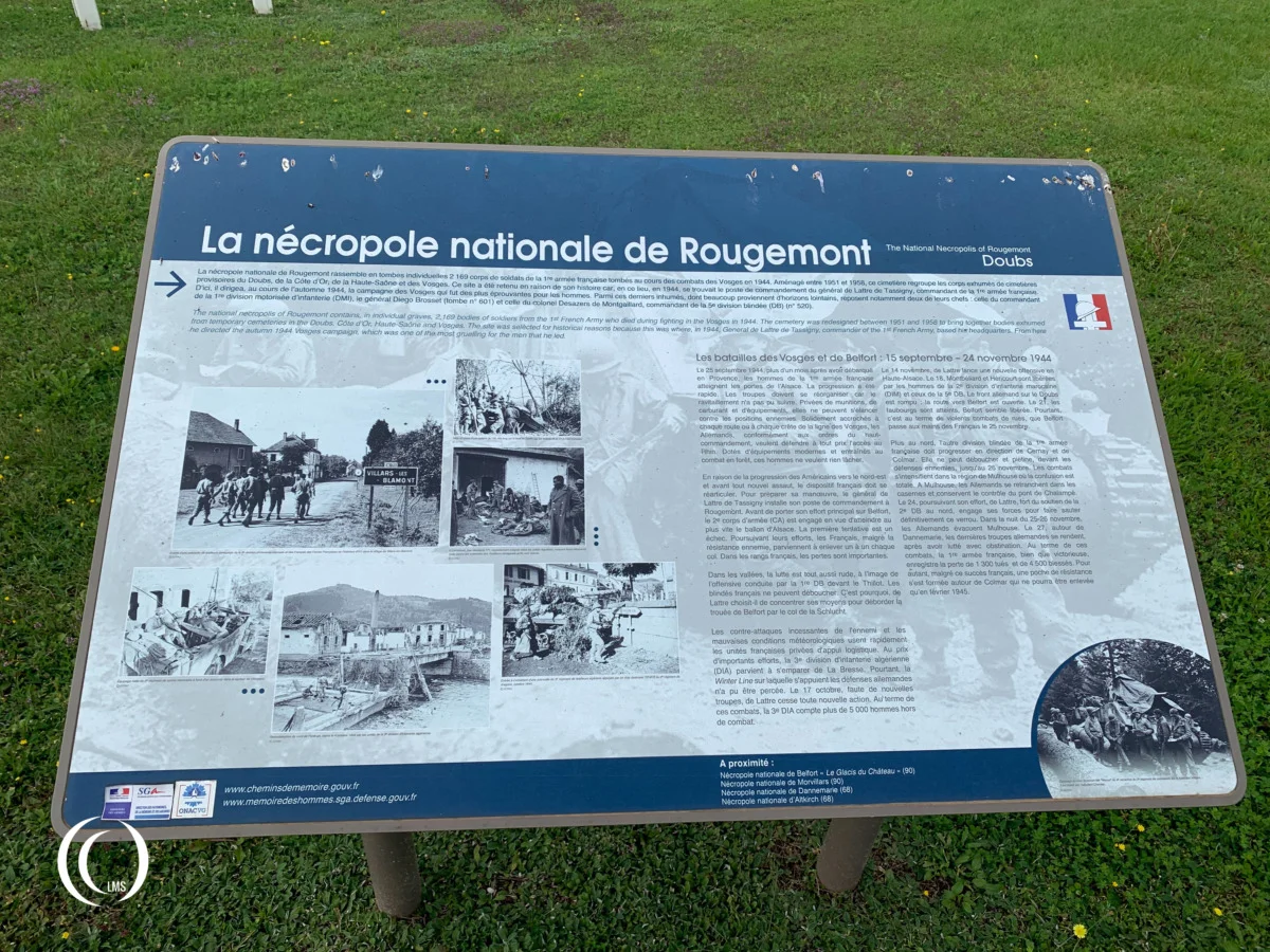 Information sign about the National Necropolis of Rougemont in France