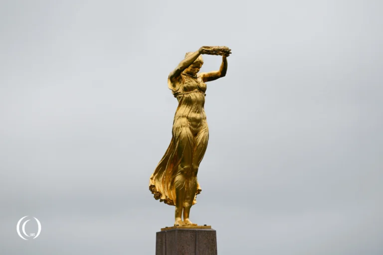 Nike statue on top of the obelisk of the Gëlle Fra War Memorial in Luxembourg