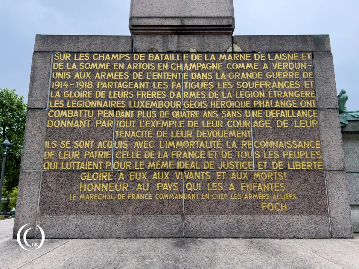 Text of Marshal Foch honouring the Luxembourgeois soldiers of WWI at Gëlle Fra War Memorial in Luxembourg