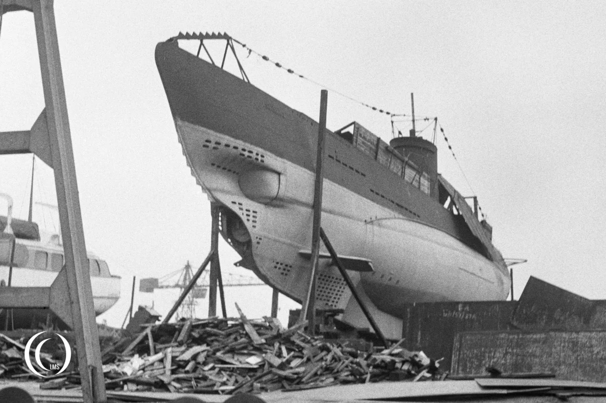 Submarine Vesikko in a drydock at Valmet shipyard in Katajanokka in 1955