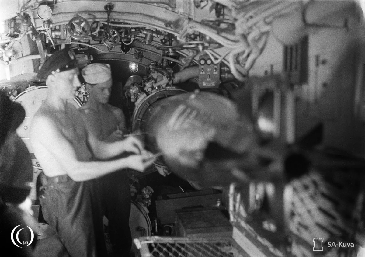Crew working inside torpedo room of Vesikko in July 1941