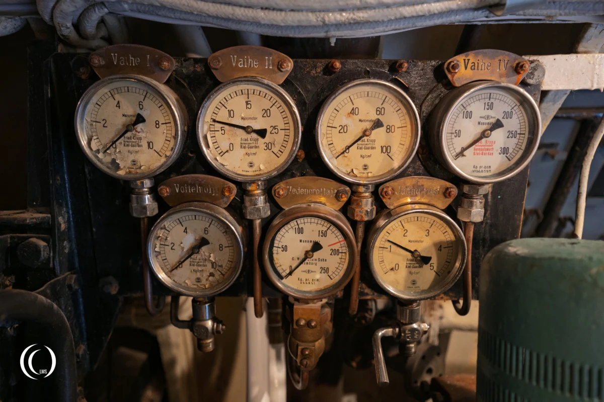 Original Friedrich Krupp pressure meters of the Germaniawerft, Kiel, Germany inside submarine Vesikko