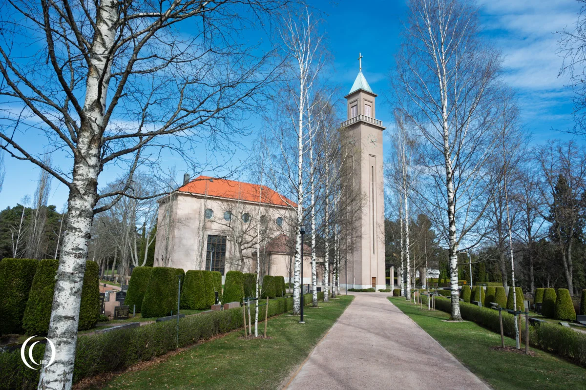 The New Chapel and the Bell Tower of Hietaniemi Cemetery in Helsinki, Finland