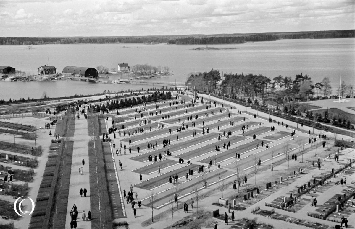 Hietaniemi War Cemetery sections 40 and 41 seen from the bell tower on 16 May 1943