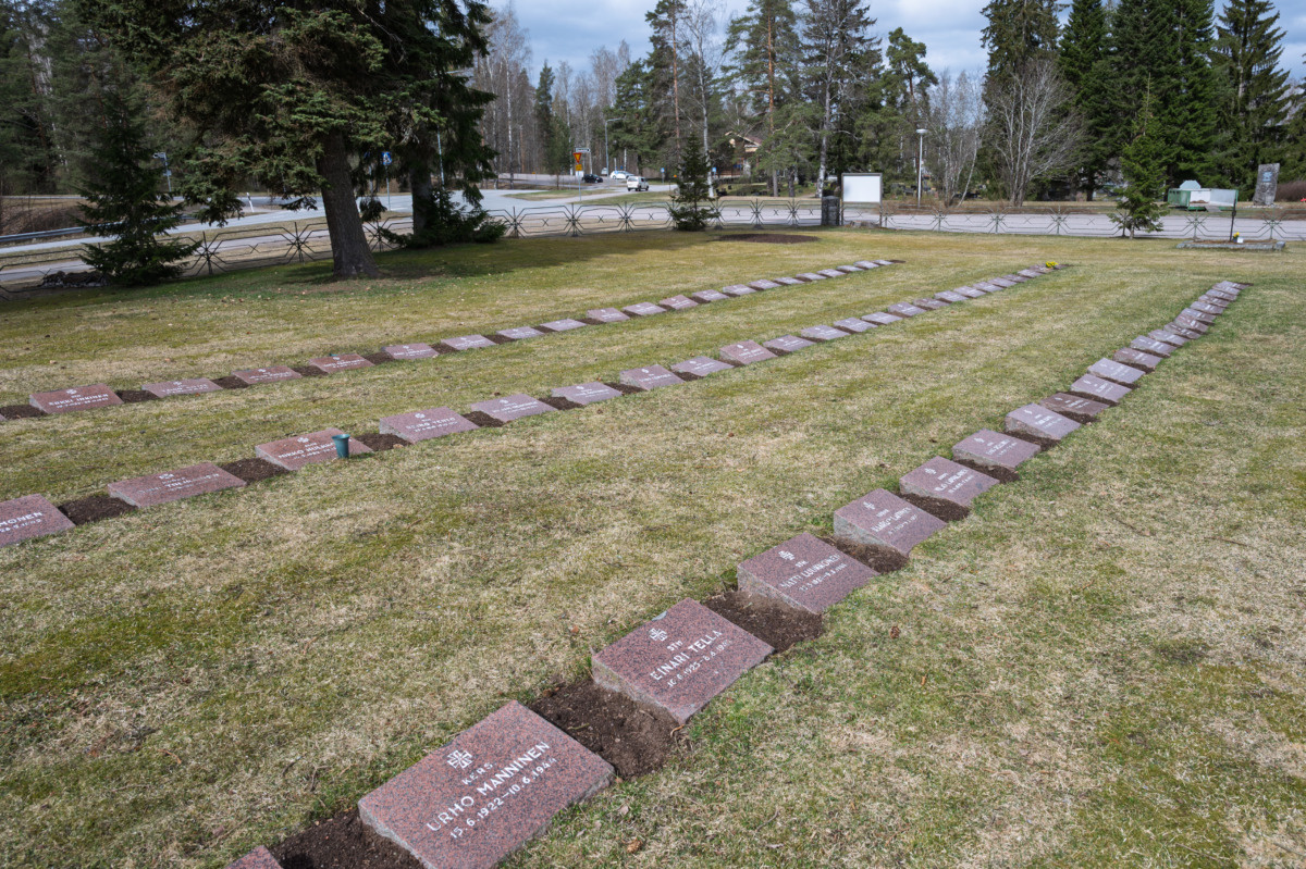 Headstones of fallen Finnish soldiers at the Ruokolahti Military Cemetery in Finland
