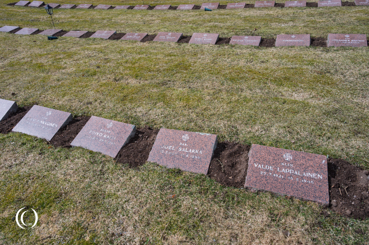 Detail of headstones of fallen Finnish soldiers at the Ruokolahti Military Cemetery in Finland
