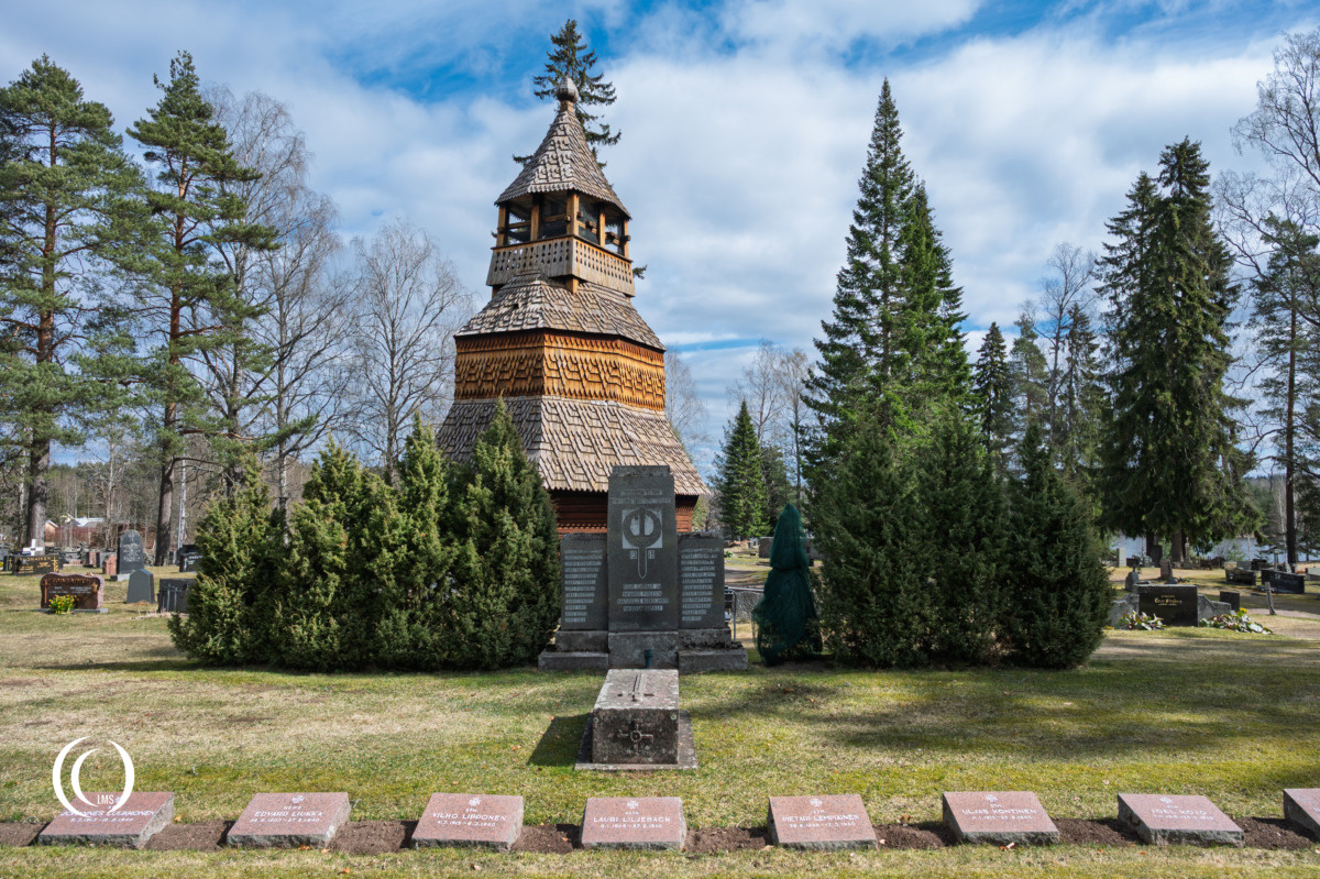 View of the bell tower and the White Army Memorial at Ruokolahti cemetery in Finland