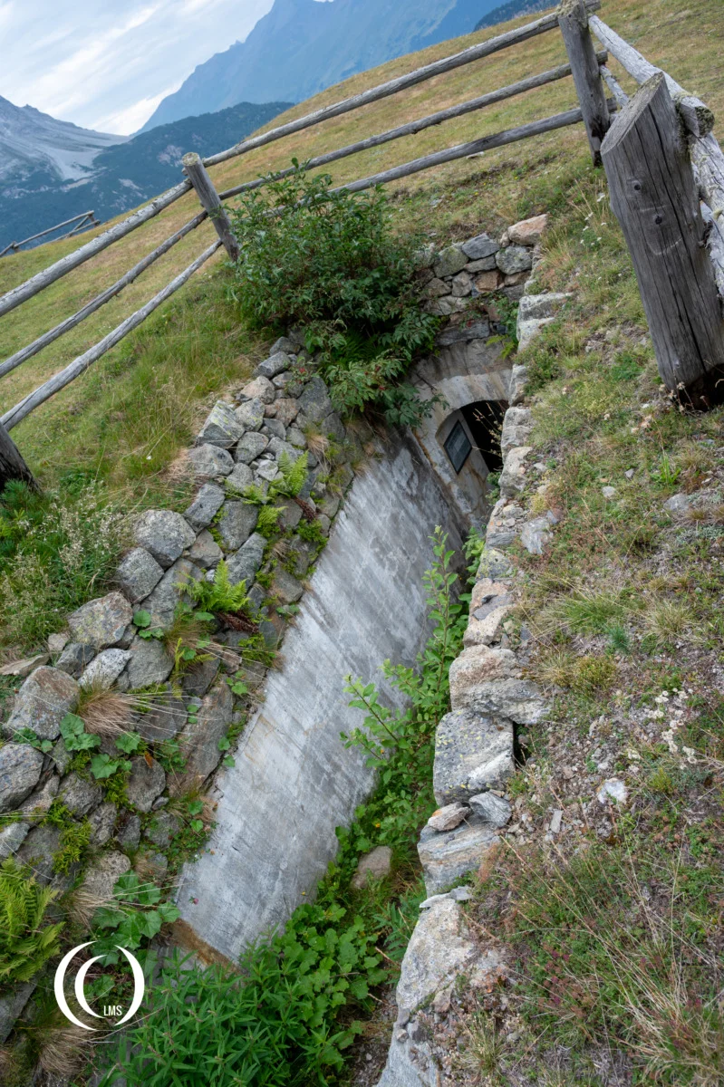 Northwest tunnel entrance of bunker (Opera VI) of the Pian dei Morti barrier in Alto Adige, Italy