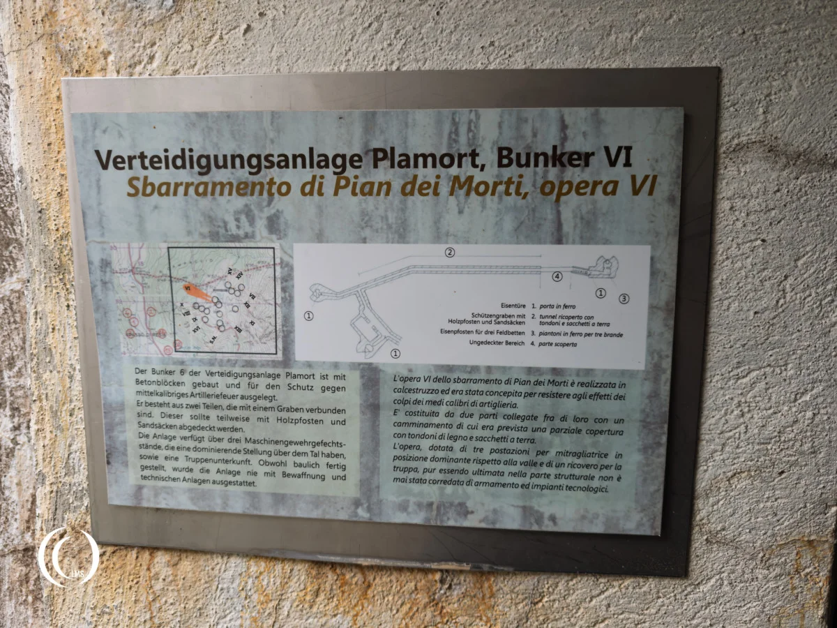 Information sign of bunker (Opera VI) of the Pian dei Morti barrier in Alto Adige, Italy