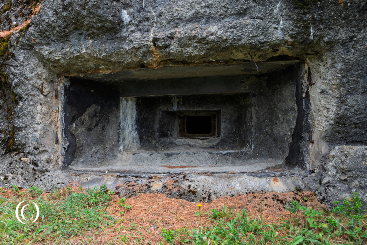 Machine gun embrasure of bunker (Opera XII) of the Pian dei Morti barrier in Alto Adige, Italy