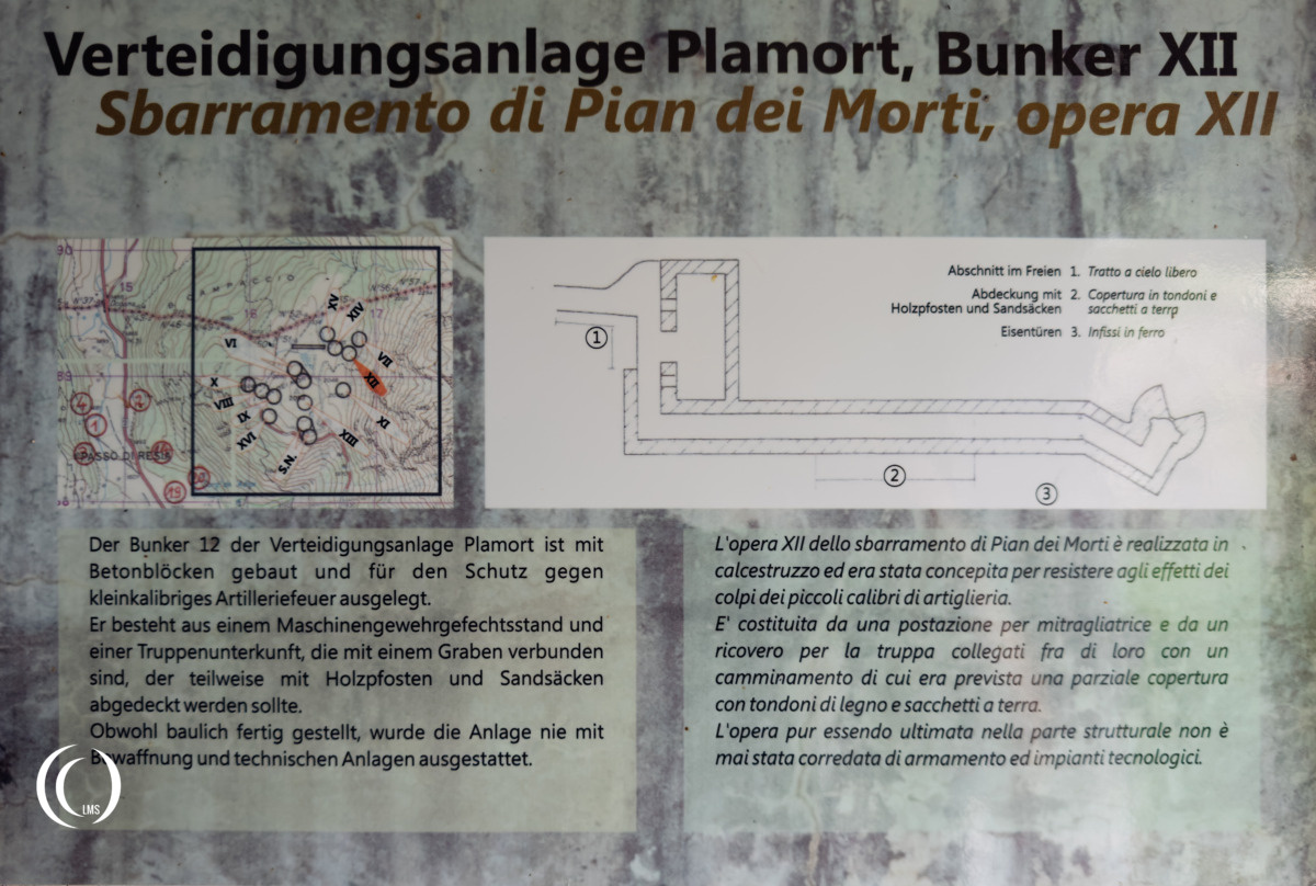 Information sign of bunker XII at Pian dei Morti barrier in Alto Adige, Italy