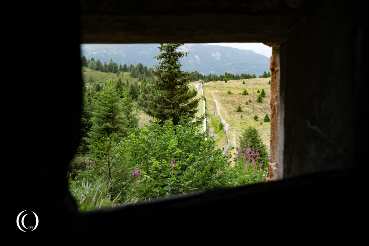 The view through the MG embrasure of bunker XIV at the Pian dei Morti barrier in Alto Adige, Italy