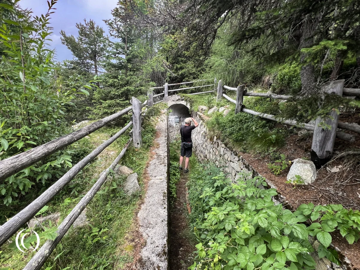Pascal photographing the open trench leading into bunker XIV at the Pian dei Morti barrier in Alto Adige, Italy