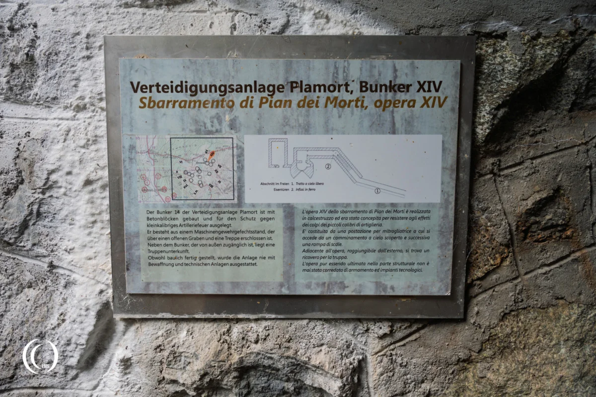 Information sign of bunker XIV at the Pian dei Morti barrier in Alto Adige, Italy