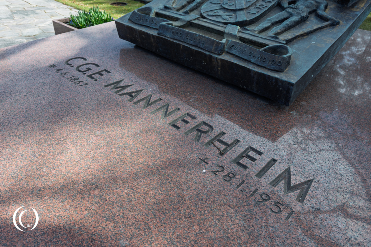 Detail of the tombstone of Carl Gustaf Mannerheim at Hietaniemi Cemetery in. Helsinki, Finland