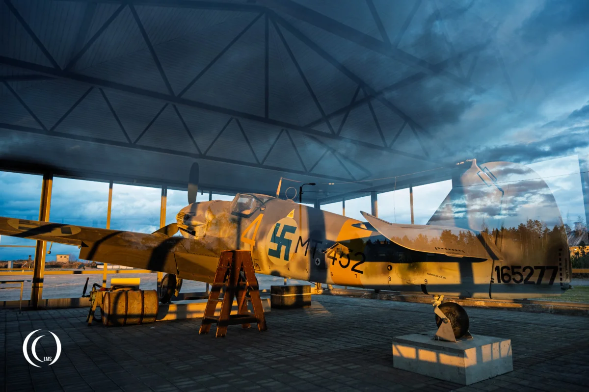Messerschmitt Bf-109 G-6 MT-452 Yellow 4 at sun down at Utti Air Base in Finland