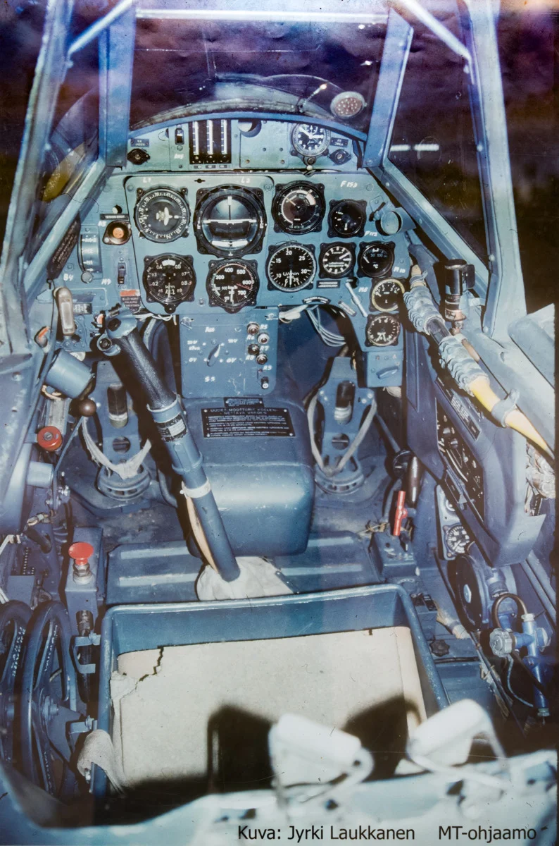 Poster of Messerschmitt Bf-109 cockpit on display at Utti Air Base in Finland