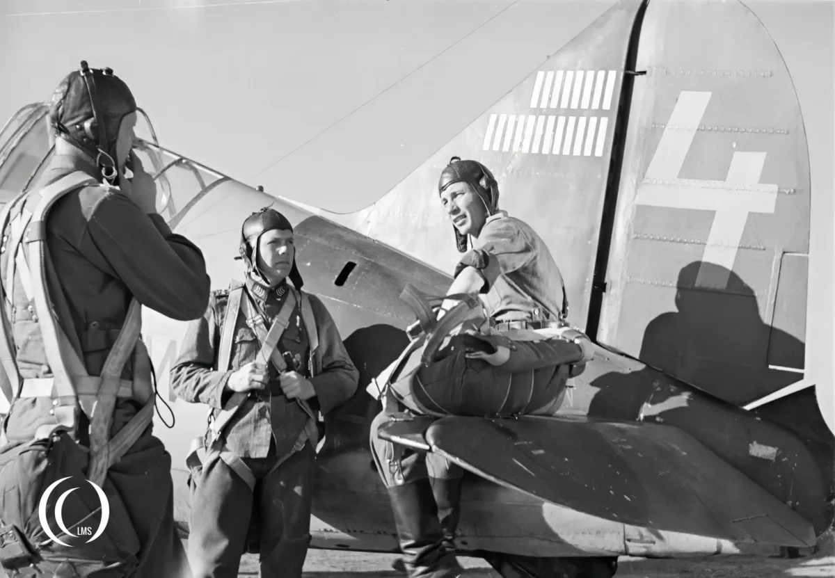 Pilot Ilmari Juutilainen on the tail wing of his Brewster Buffalo BW-364 on 27 June 1942