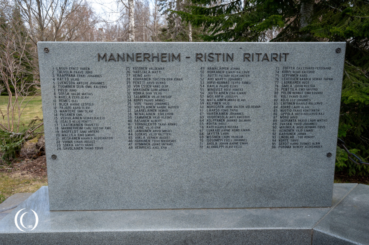Names on the left side of the Memorial to the Knights of the Mannerheim Cross in Hattula, Finland