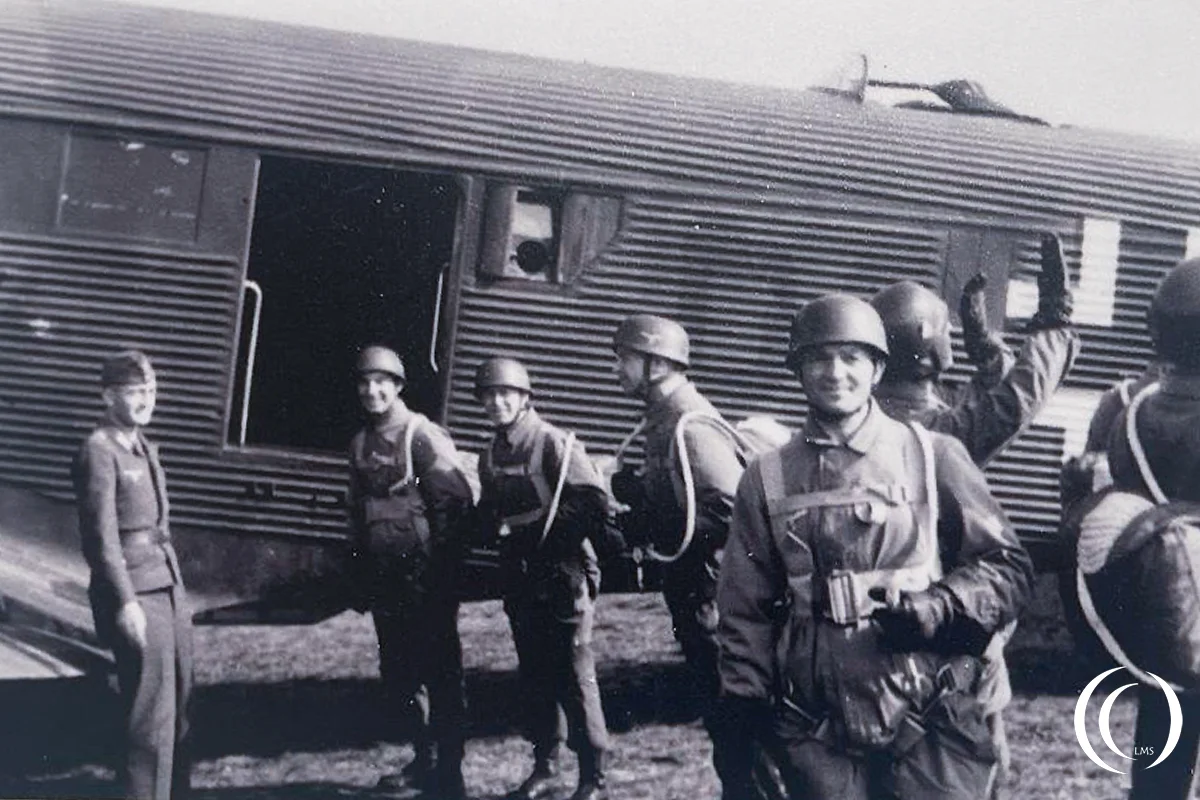 Paratroopers preparing for a practice jump from a Junkers Ju 52.