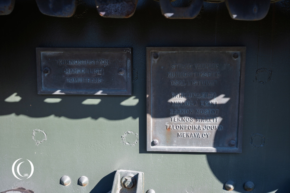 Plaque mentioning restoration contributors of StuG III Ps. 531-31 at Lappeenranta